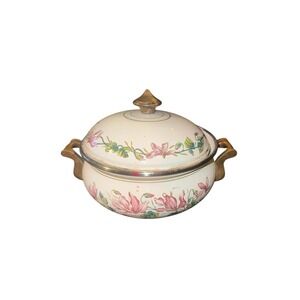 Vintage ASTA Enamelware Cooking Pot & Lid Brass Handles Pink Flowers